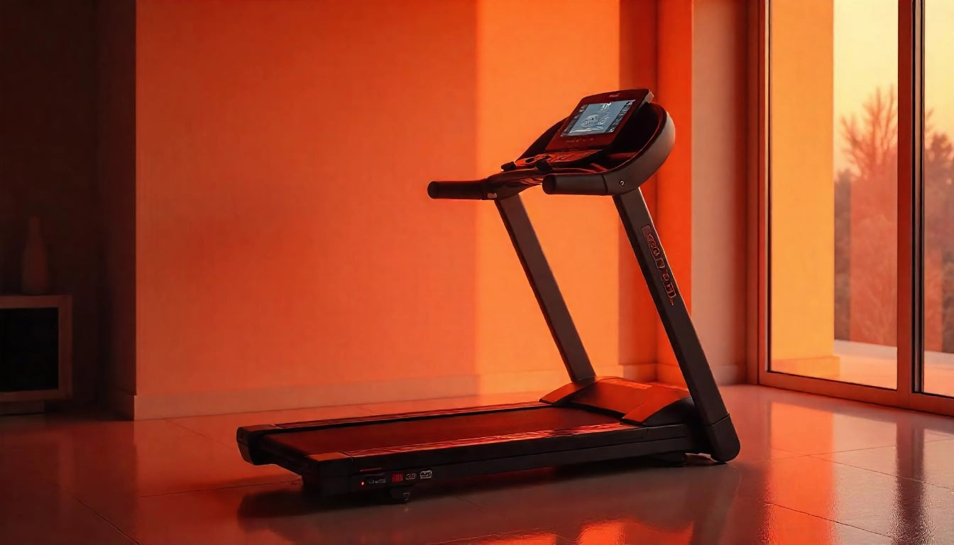 Heavy-duty folding treadmill with digital display, designed for 400 lbs capacity in a home gym
