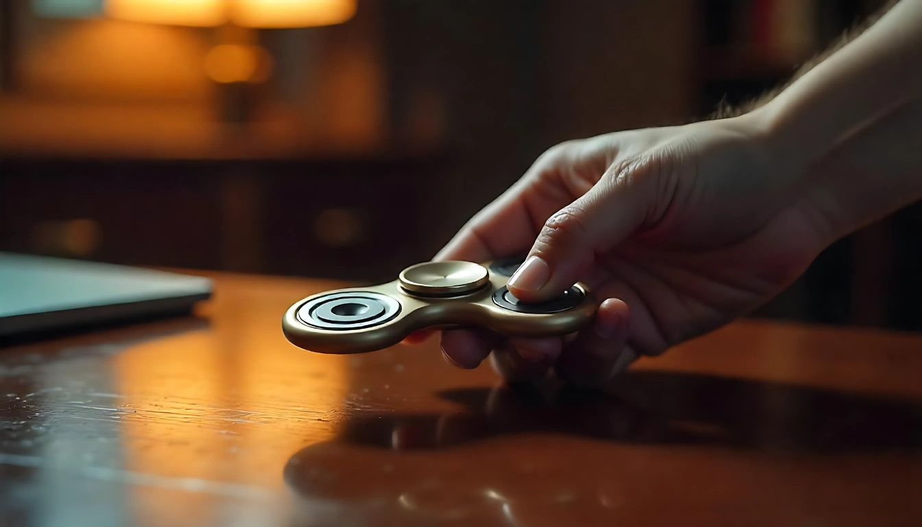 Knife-shaped fidget spinner spinning in hand against a clean modern background.