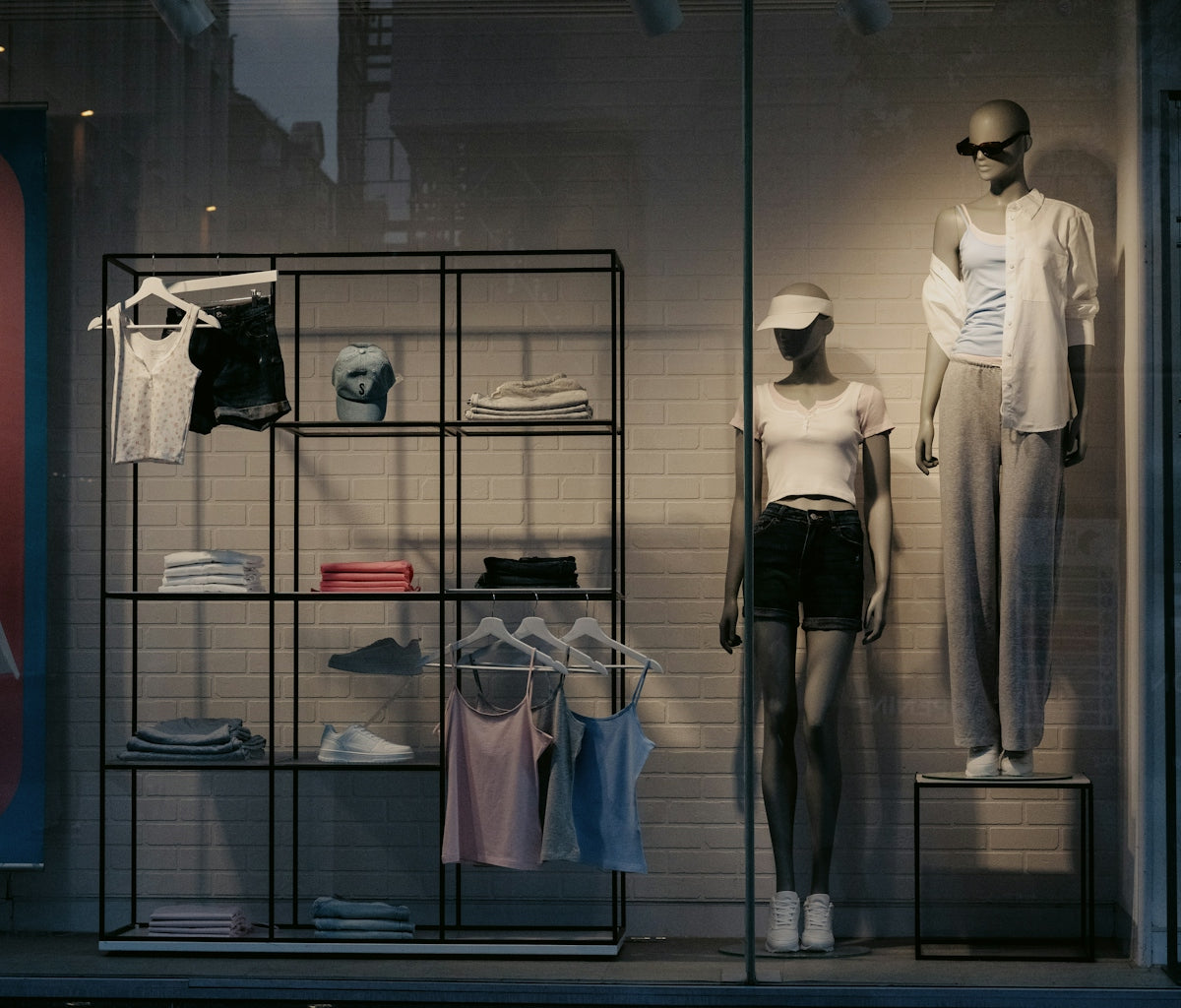Clothing display in a store window.