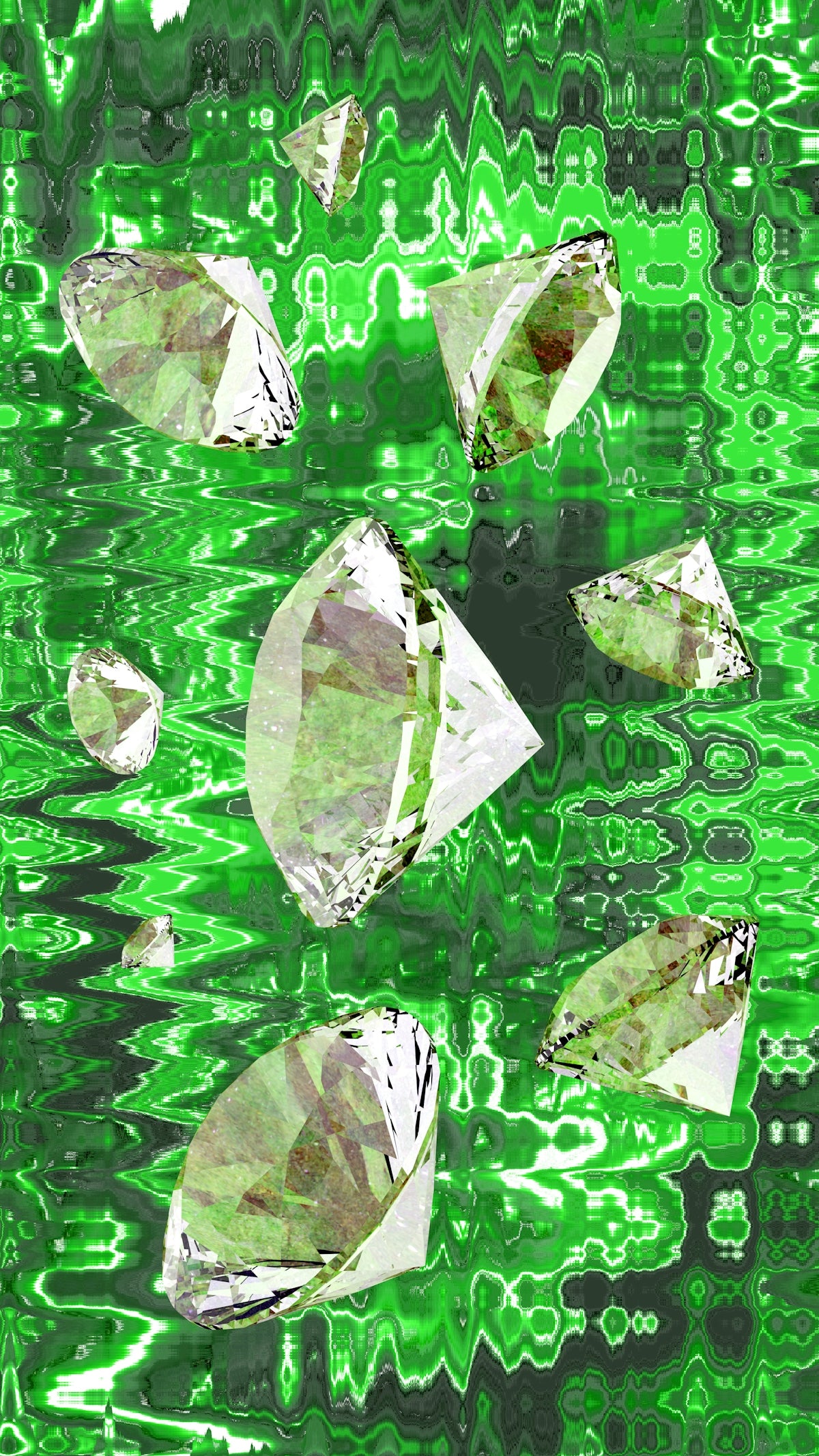 Diamonds floating on a vibrant green wavy background