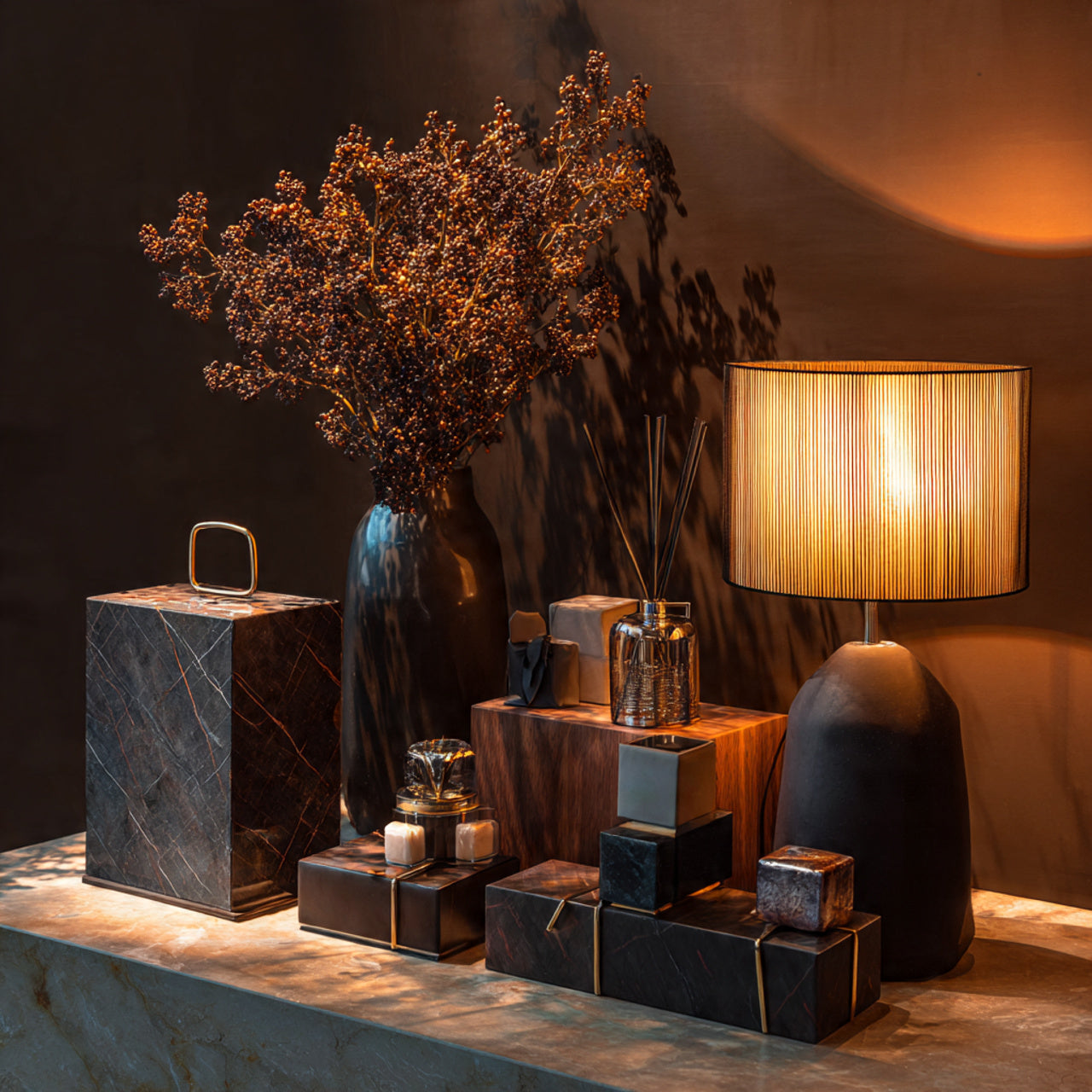 Aesthetic home décor layout with elegant accessories, warm ambient lighting, premium lifestyle setup, luxury minimal styling