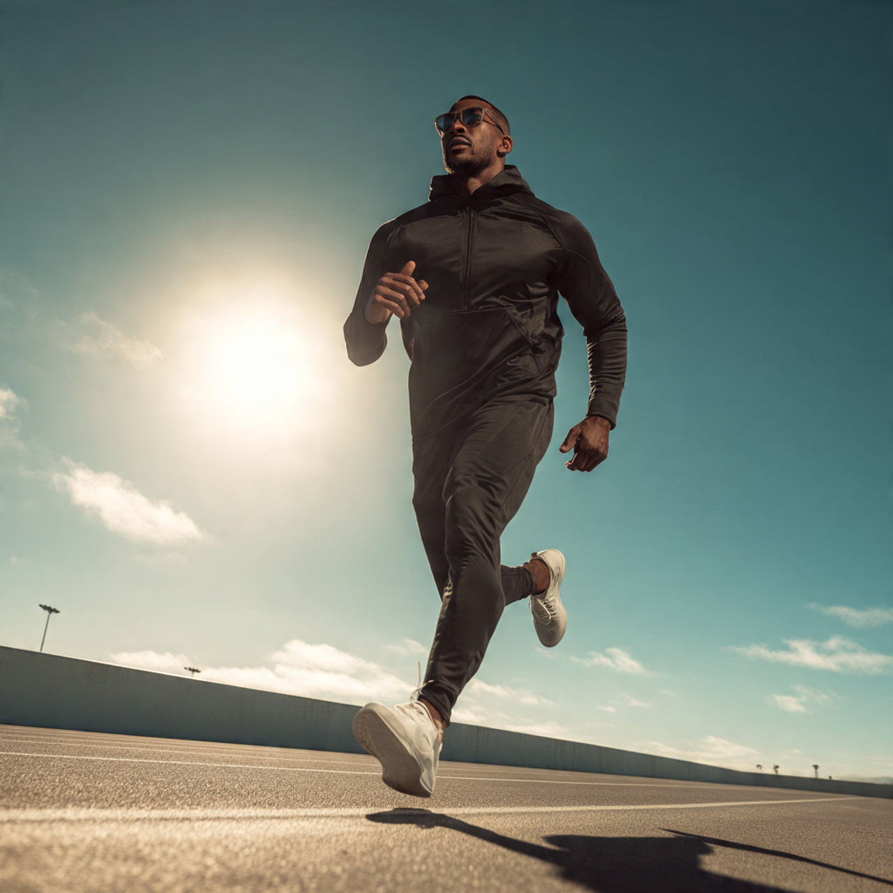 Athletic male model mid-stride wearing premium activewear set, sunlit outdoor track, cinematic backlight, clean urban background, high-end sports editorial, sharp detail