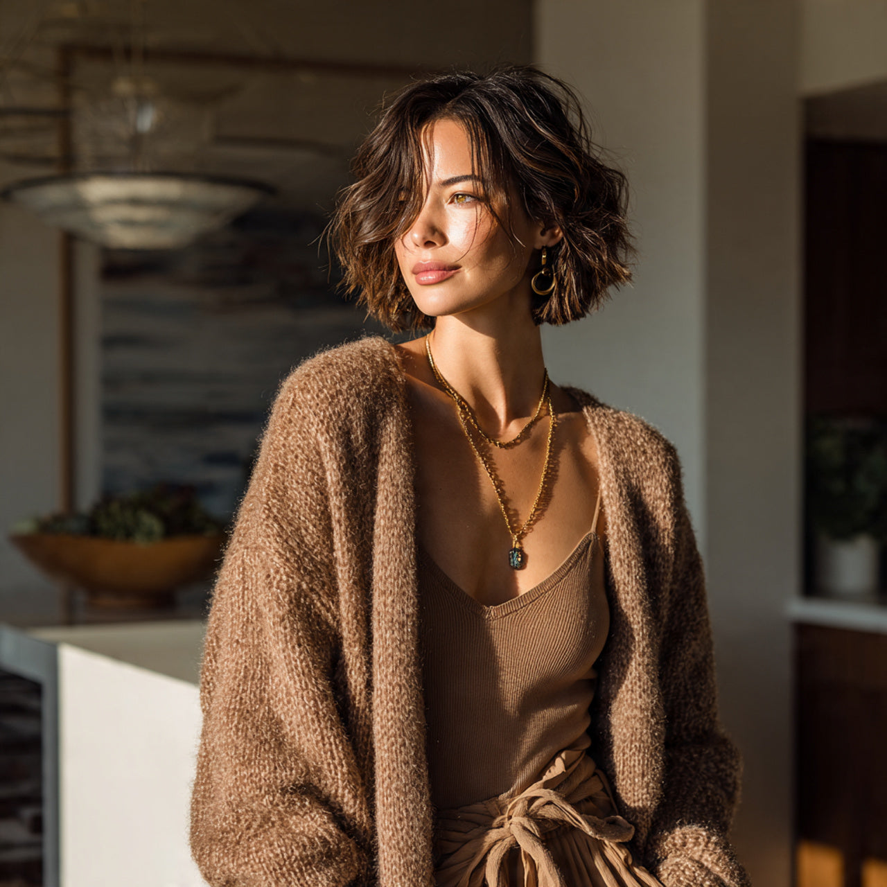 Cozy lifestyle image of a female model wearing a soft cardigan, warm lighting, modern home interior, natural textures, premium editorial vibe,