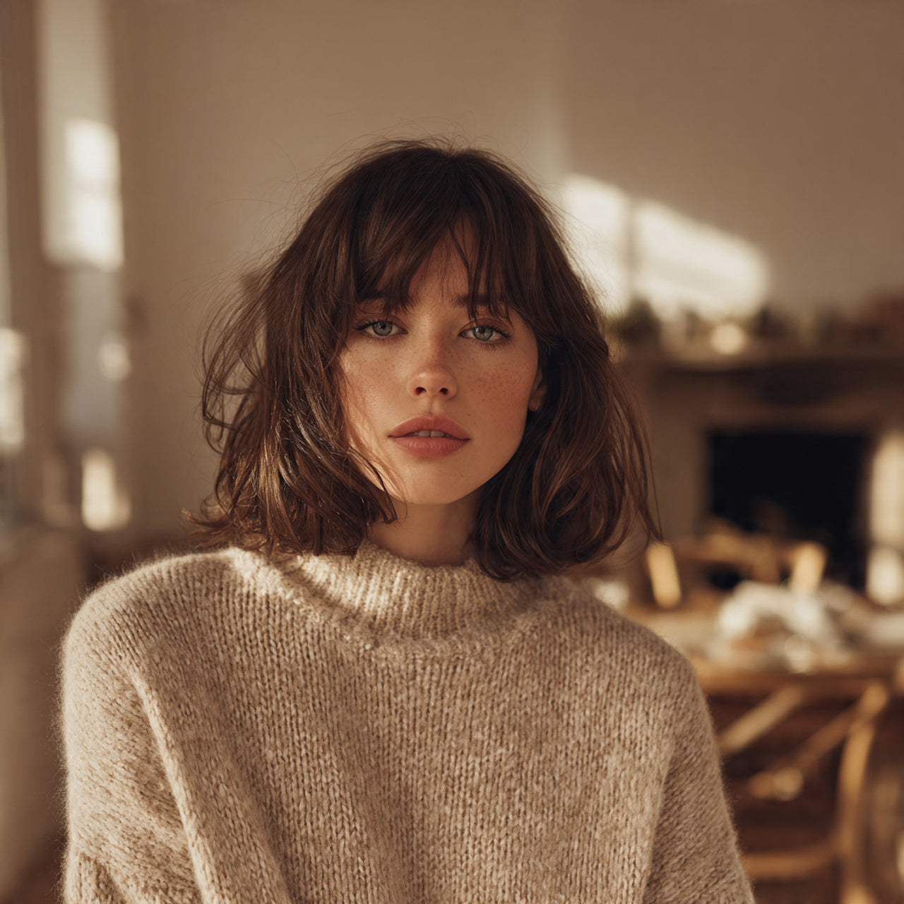 Cozy luxury aesthetic featuring a female model in a knitted sweater, soft winter lighting, neutral color palette, Nordic minimal interior, warm ambience, premium lifestyle photography