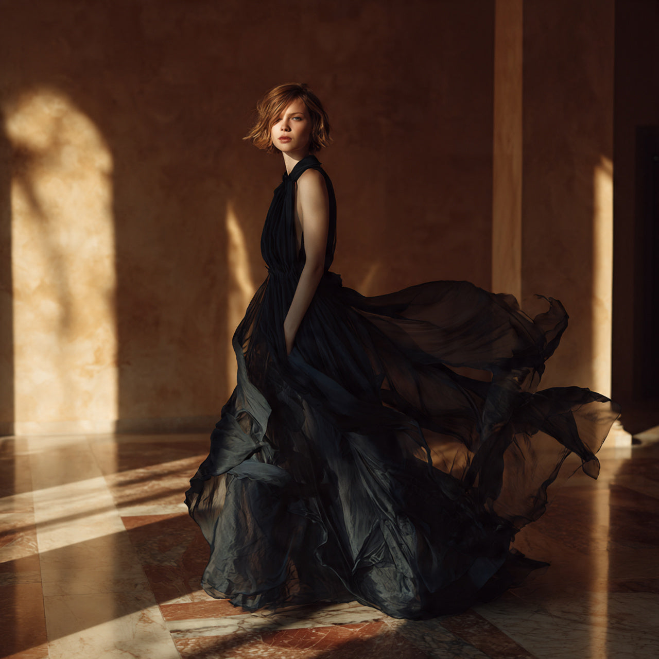 Cozy luxury aesthetic featuring a female model in a knitted sweater, soft winter lighting, neutral color palette, Nordic minimal interior, warm ambience, premium lifestyle photography