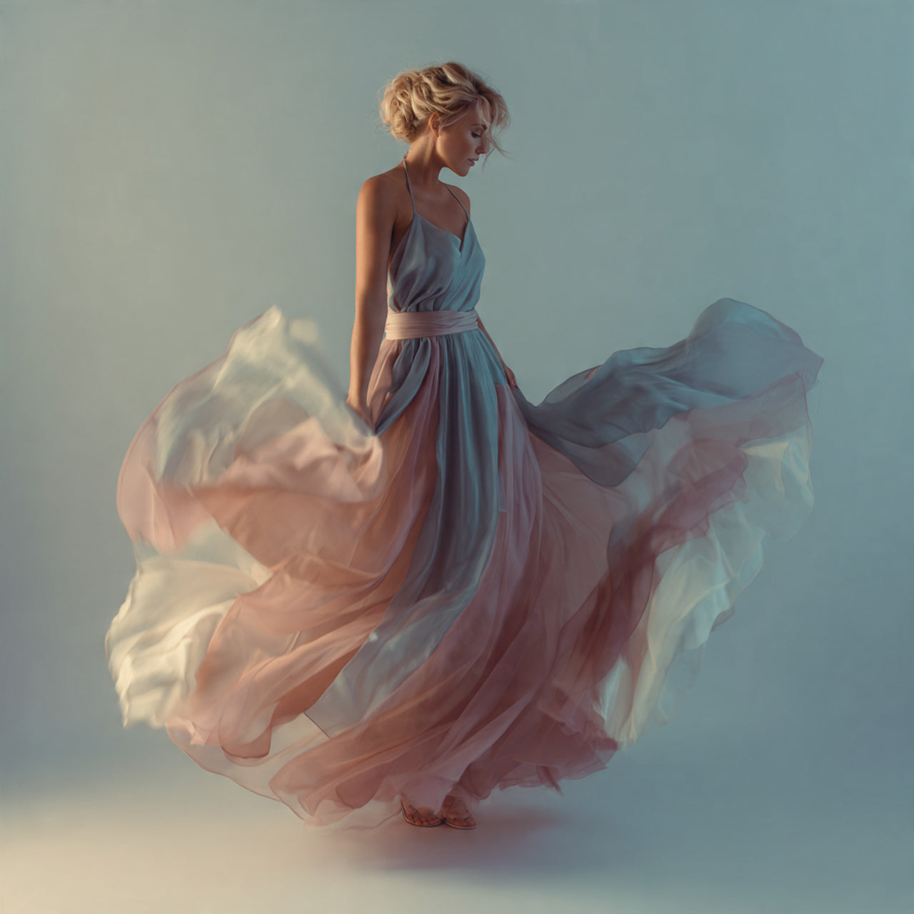 Elegant feminine editorial shot of a model wearing a flowing skirt, soft pastel tones, motion-based photography, premium soft lighting, artistic vibe