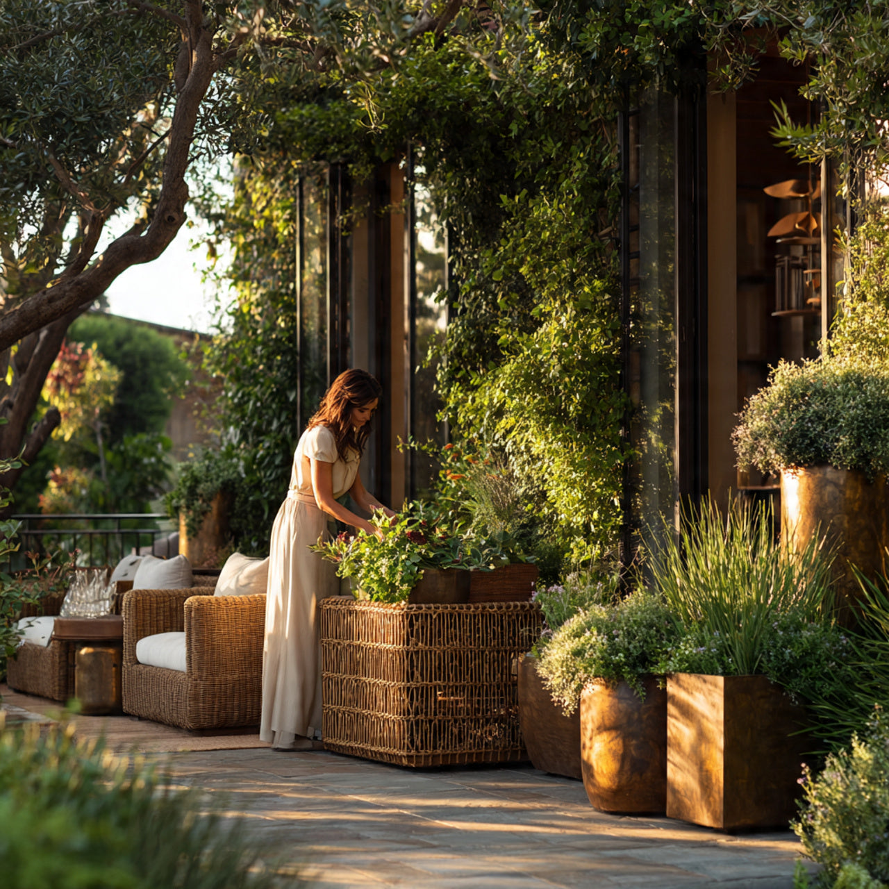 Elegant garden scene with premium outdoor furniture and planters, golden hour light, rich natural textures, lifestyle shot with a model arranging plants, editorial interior/exterior