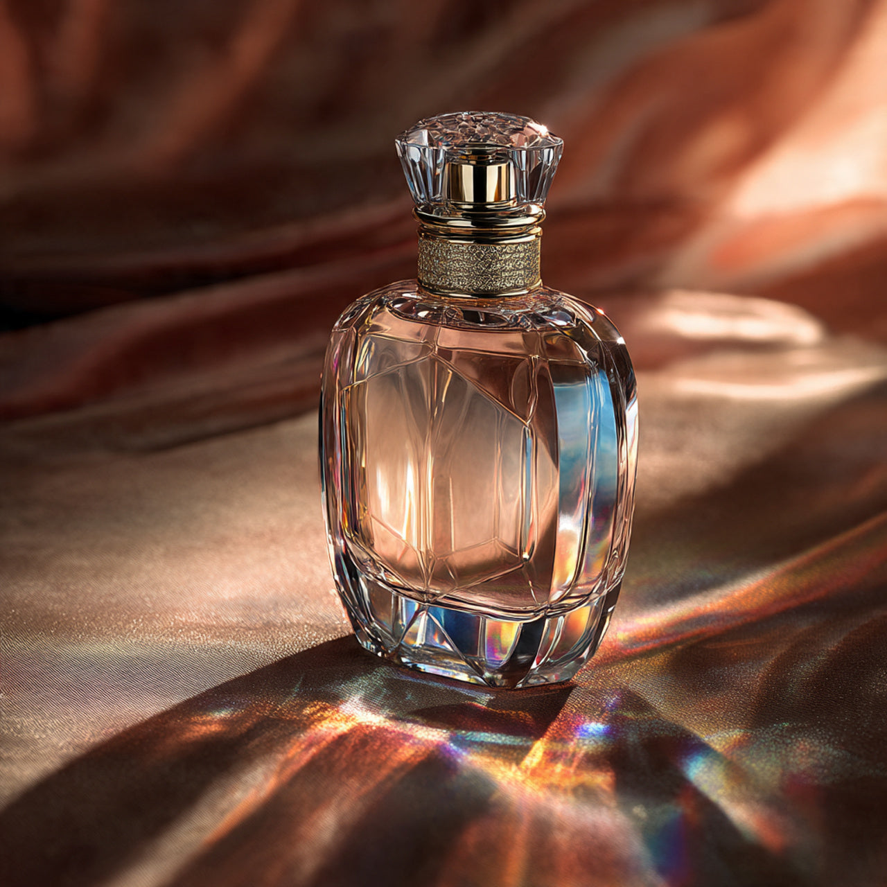 Elegant perfume bottle with soft spotlight, luxury shadows, reflective surfaces, high-end fragrance photography