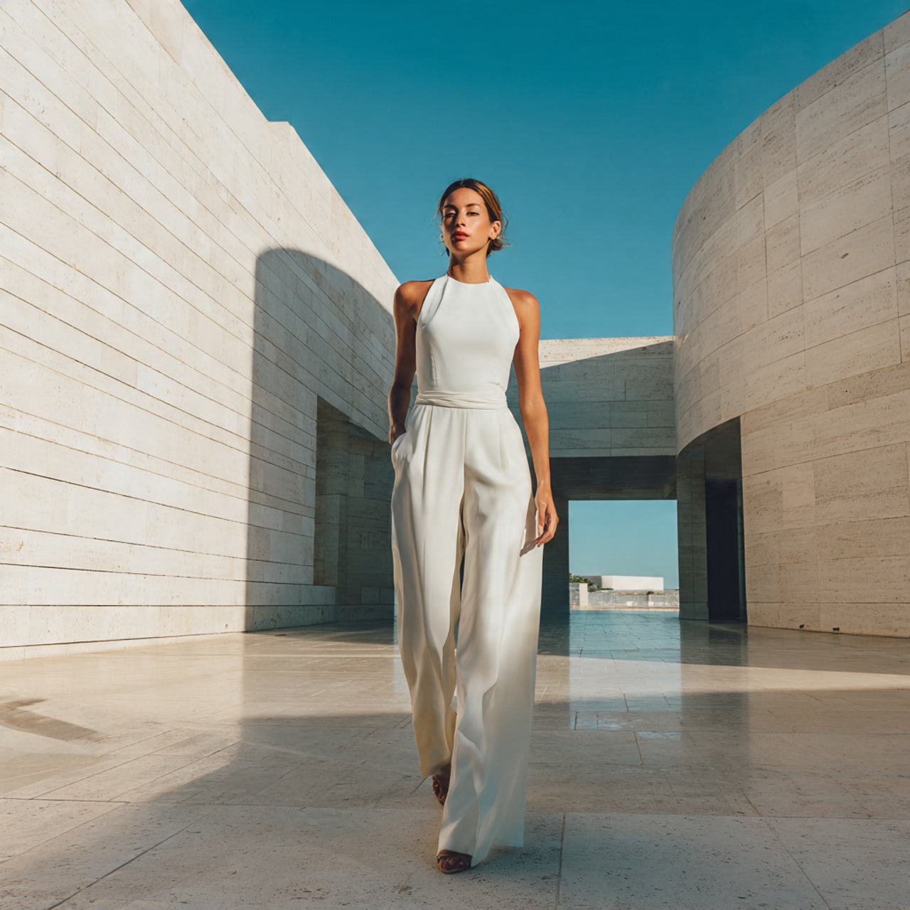 Fashion model in a stylish jumpsuit, clean architectural location, soft golden hour tones, luxury modern aesthetic, editorial photography, rich textures