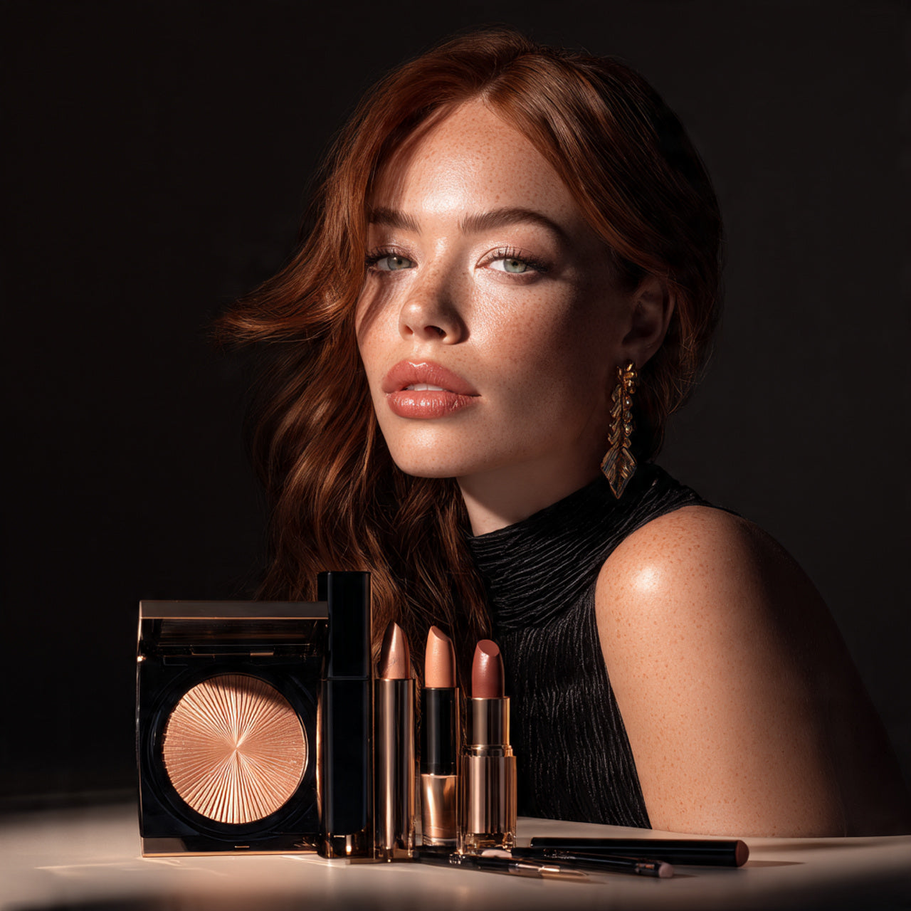 High-end beauty editorial model with makeup products displayed elegantly, soft glam lighting, premium cosmetic aesthetic