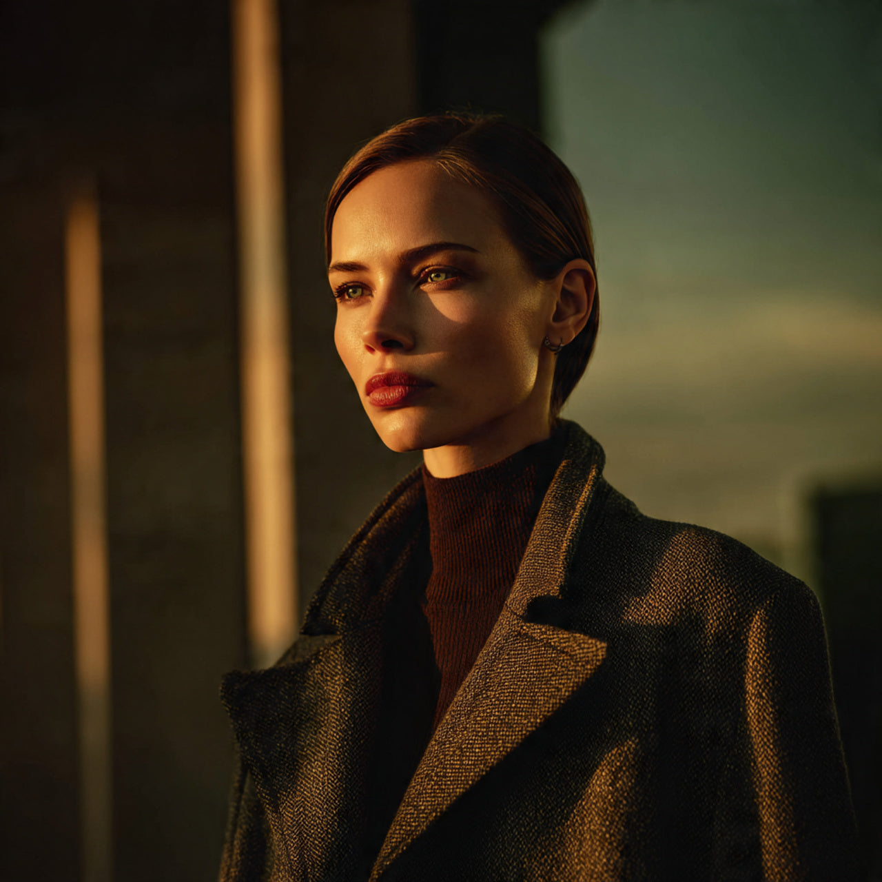 High-end fashion editorial with a female model in a structured coat, dramatic lighting, luxury city backdrop, soft cinematic tones, Vogue-style photography, rich textures