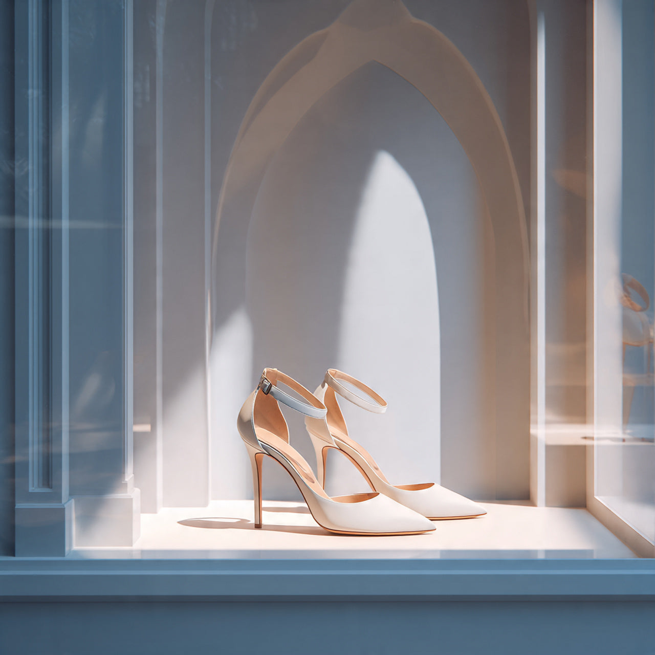 High-end product display of women’s shoes worn by a model, soft spotlight, luxury minimal set, clean shadows, premium boutique aesthetic