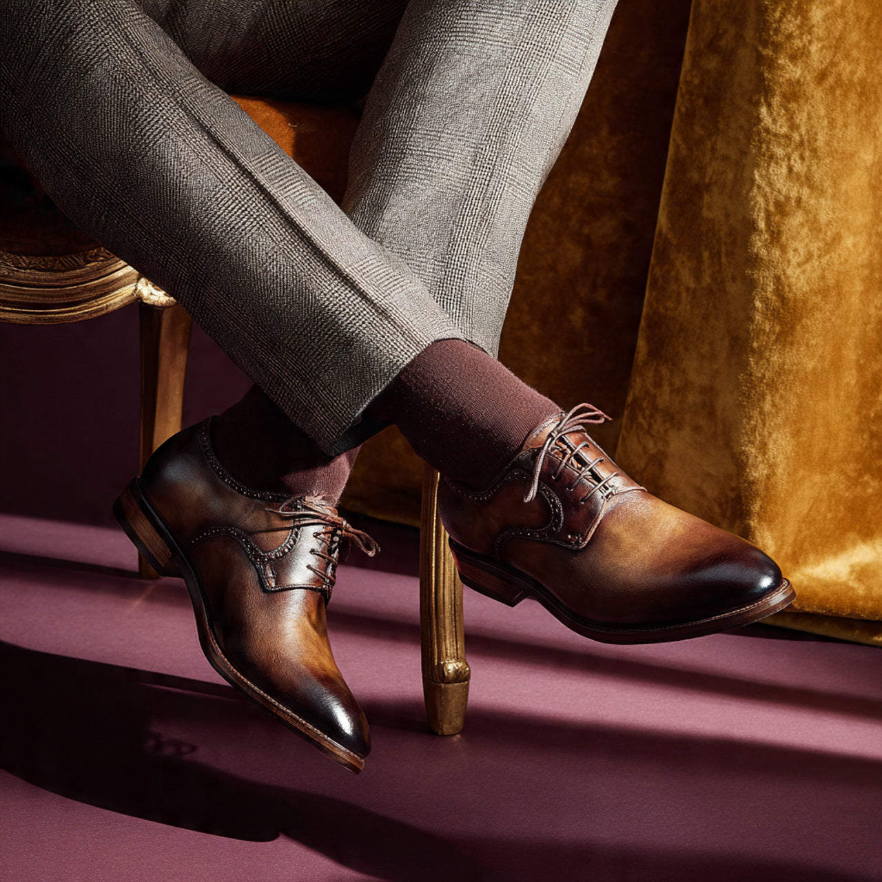 High-end product photography of men’s shoes on model feet, matte luxury background, soft shadows, boutique editorial style,