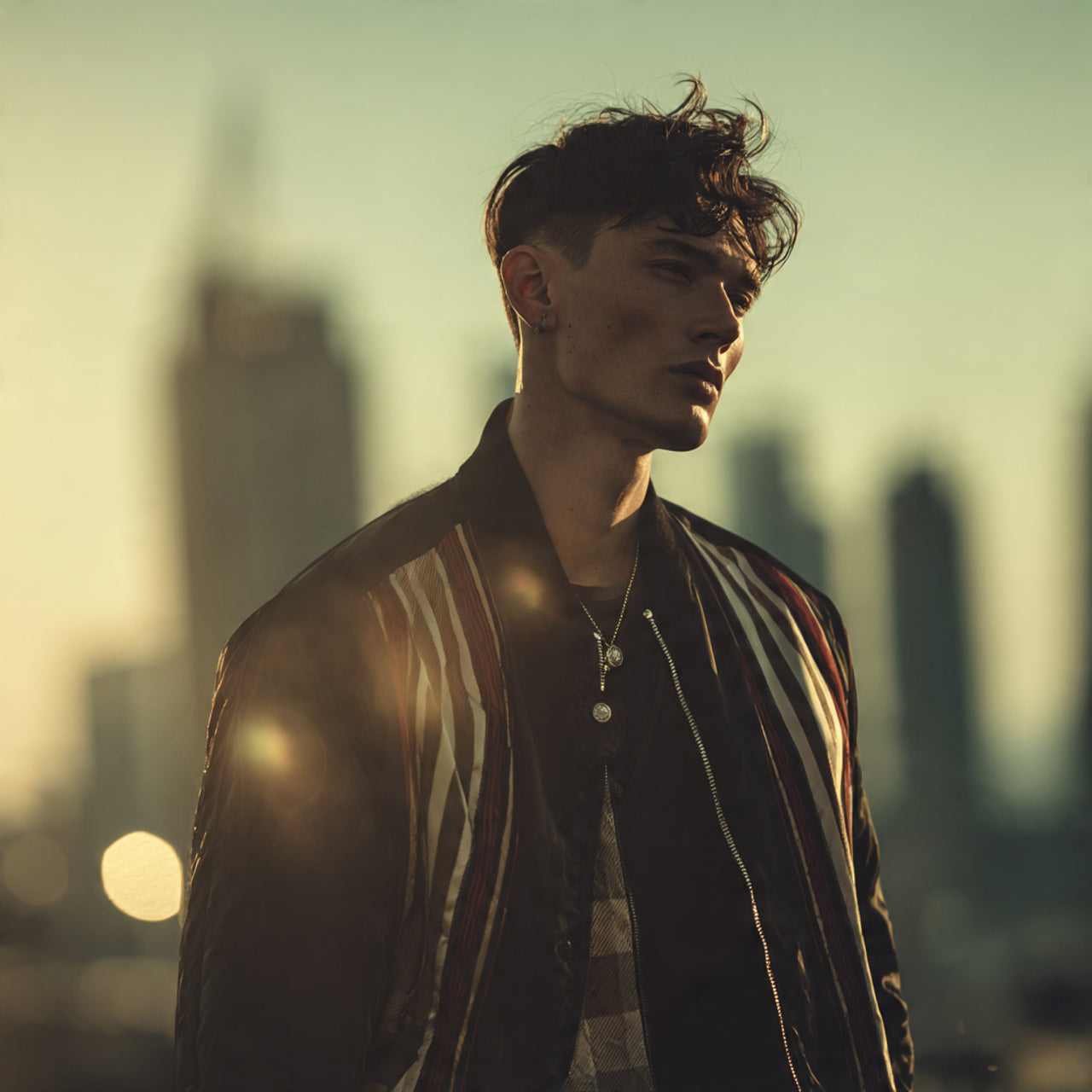 High-fashion male model wearing a premium jacket, cityscape background with soft bokeh, cinematic lighting, luxury menswear editorial look