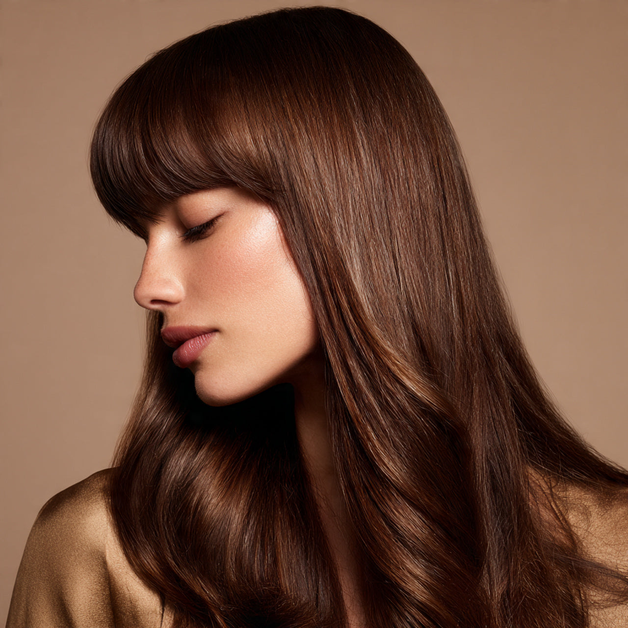 Luxury haircare products with model hair closeup, glossy high-end lighting, soft tones, editorial beauty photography