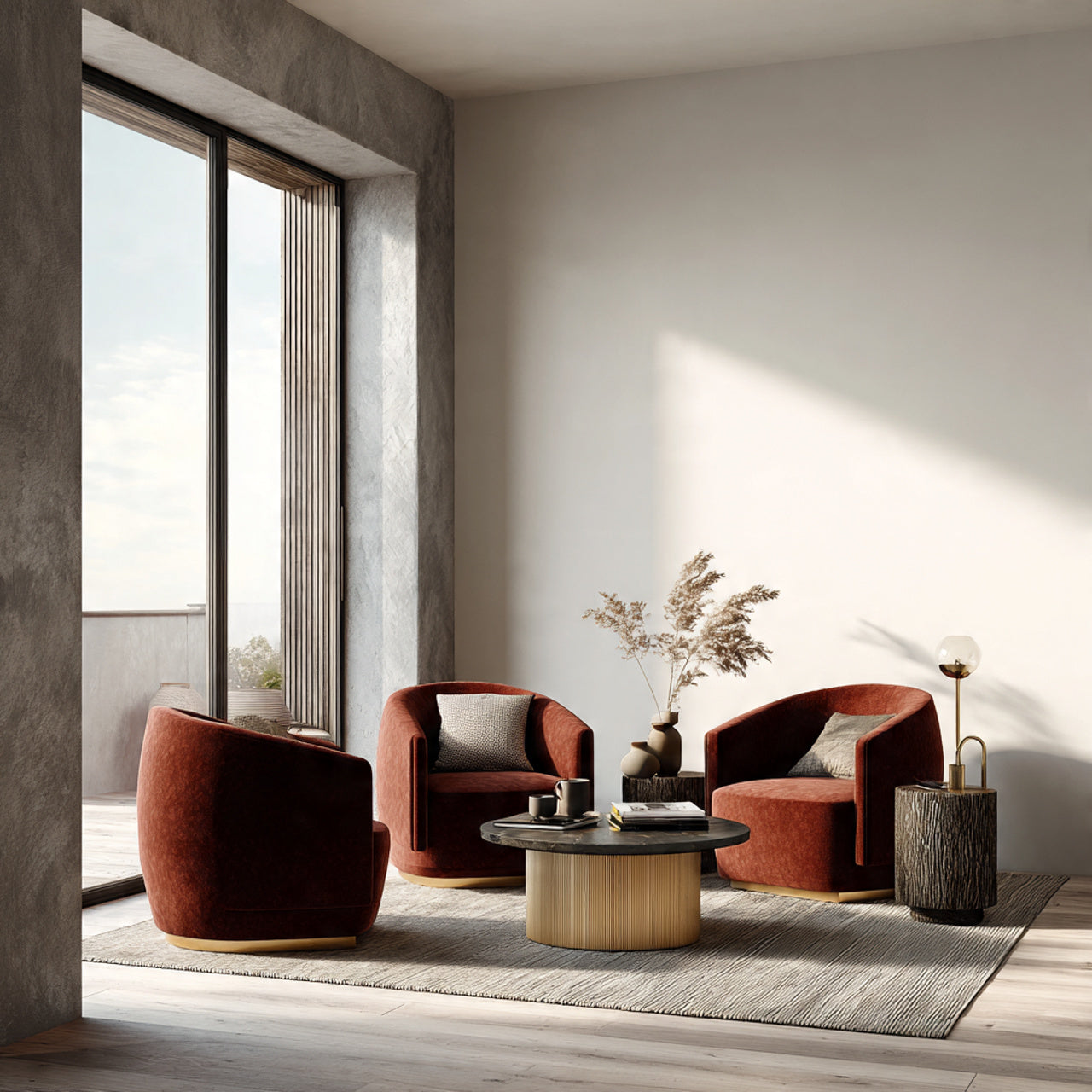 Luxury interior scene featuring modern furniture, soft natural light, premium minimalist decor, rich textures, high-end editorial interior design photography