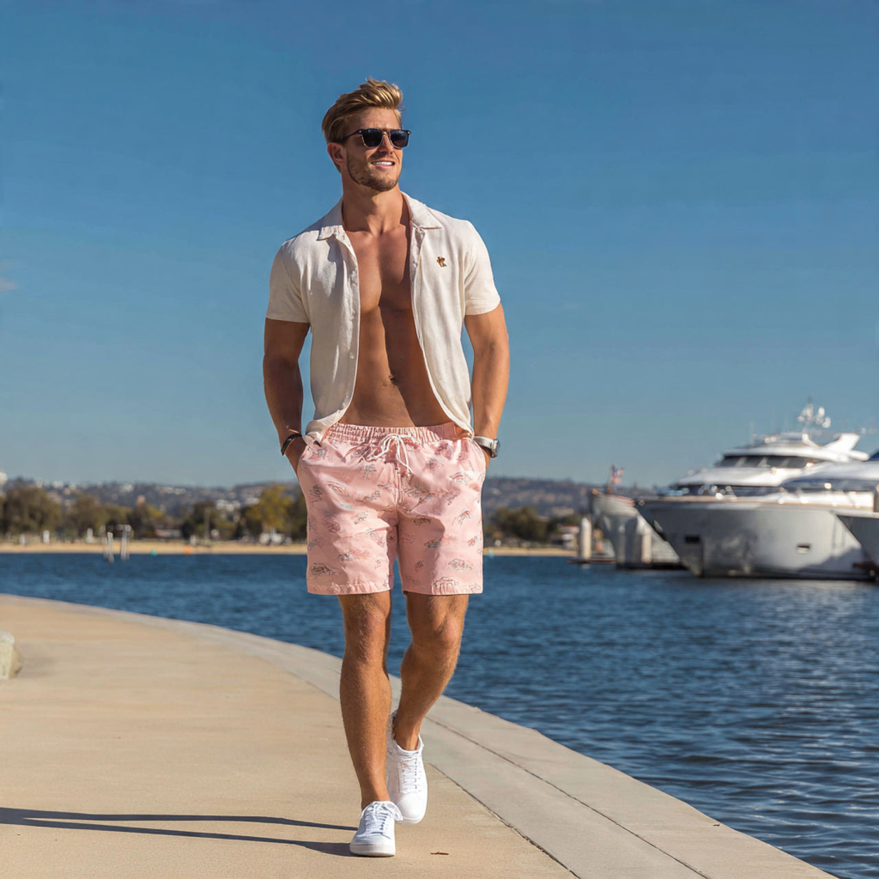 Male model in premium casual shorts, sunny lifestyle scene, soft natural lighting, relaxed luxury aesthetic