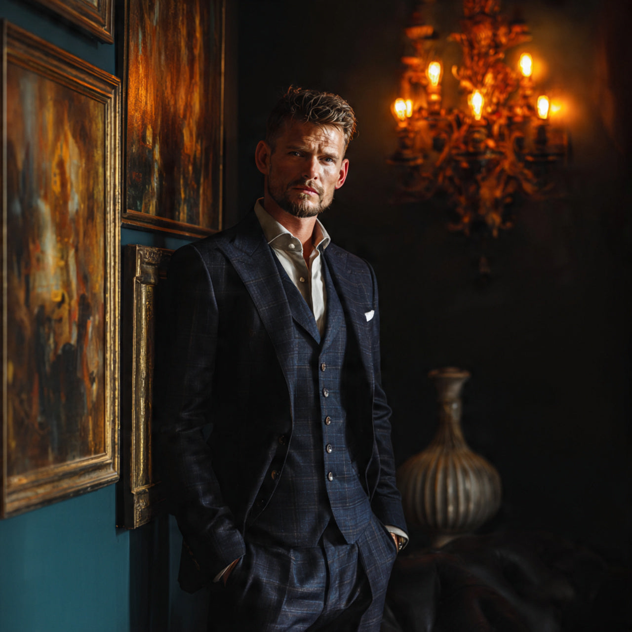 Male model in tailored formal suit, dramatic luxury lighting, upscale interior background, premium editorial photography, rich textures
