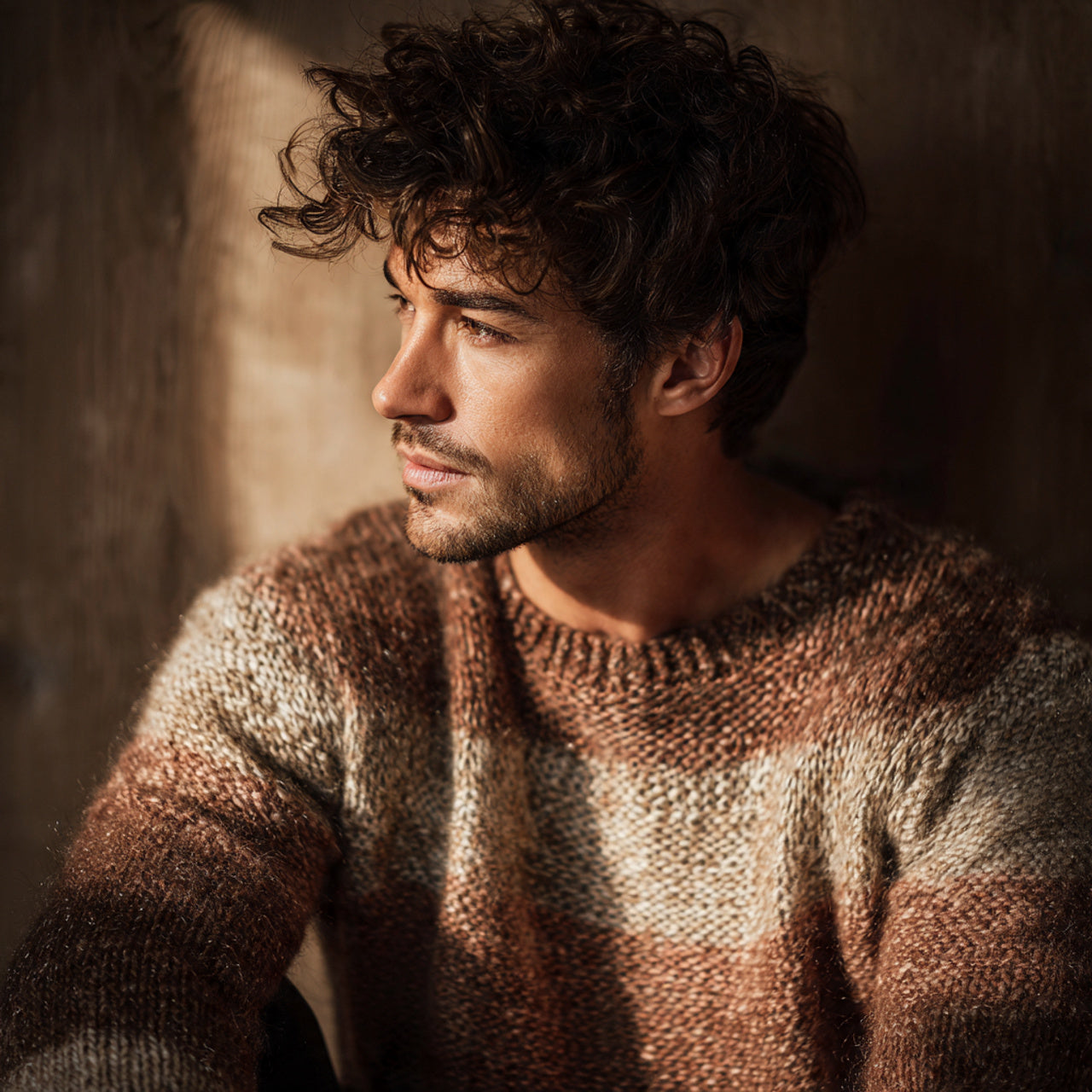 Male model wearing a knitted sweater, cozy winter ambiance, soft cinematic lighting, luxury lifestyle aesthetic, warm textures