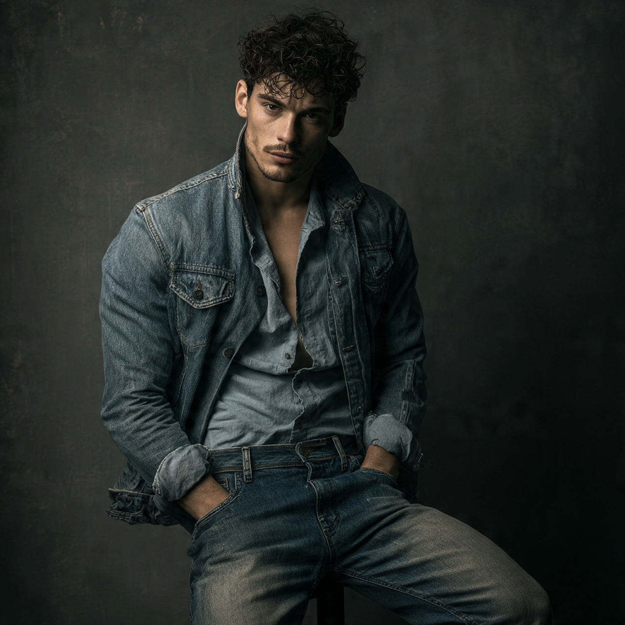 Male model wearing denim jeans, rugged premium look, muted color palette, soft directional light, modern editorial fashion