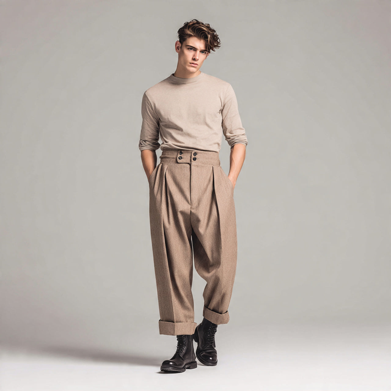Male model wearing modern tailored pants, clean studio backdrop, premium neutral tones, sharp editorial lighting, high-end fashion aesthetic