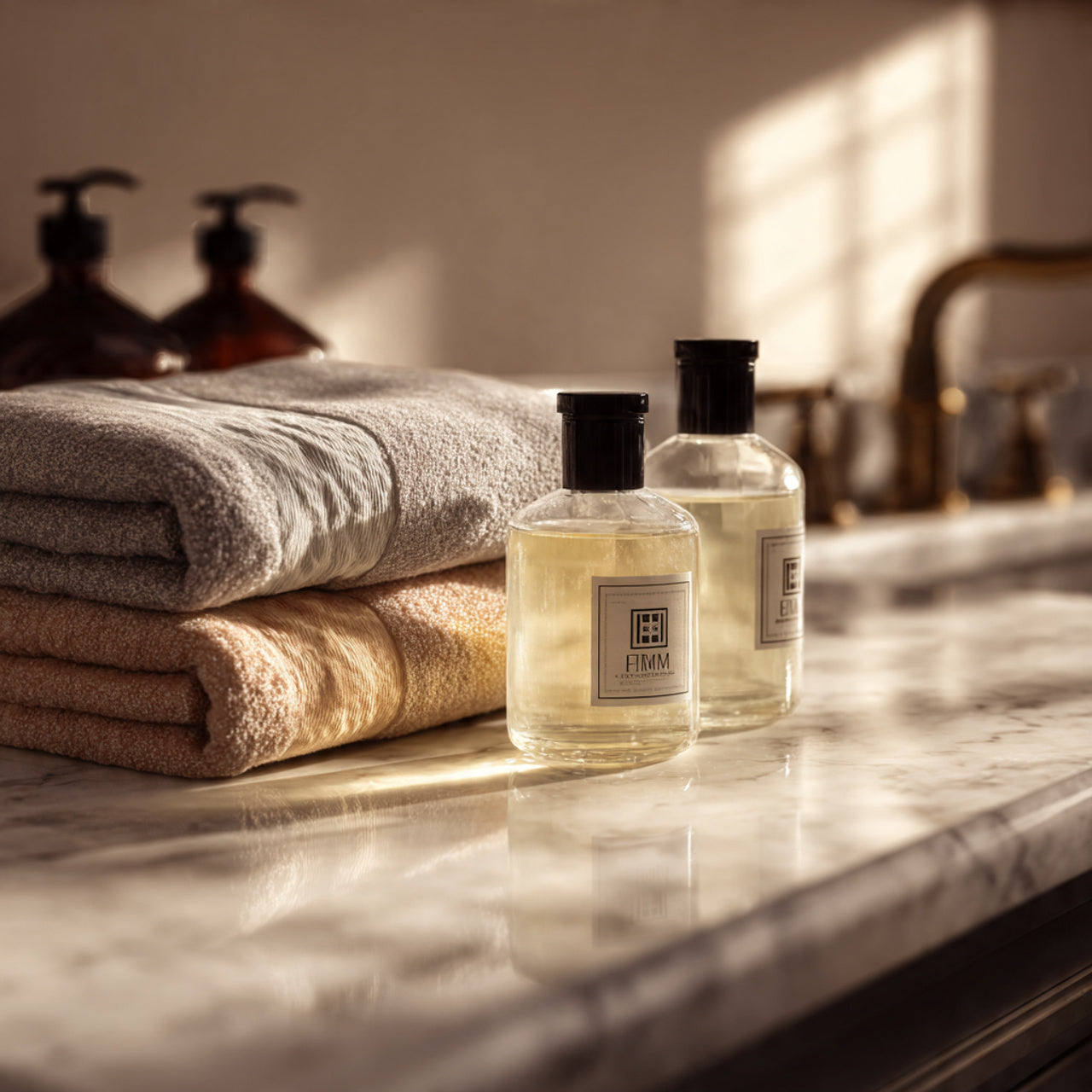 Minimal luxury bathroom scene — marble countertop, folded towels, glass apothecary bottles, soft morning light, shallow depth of field, premium product placement, editorial photography, warm neutral palette