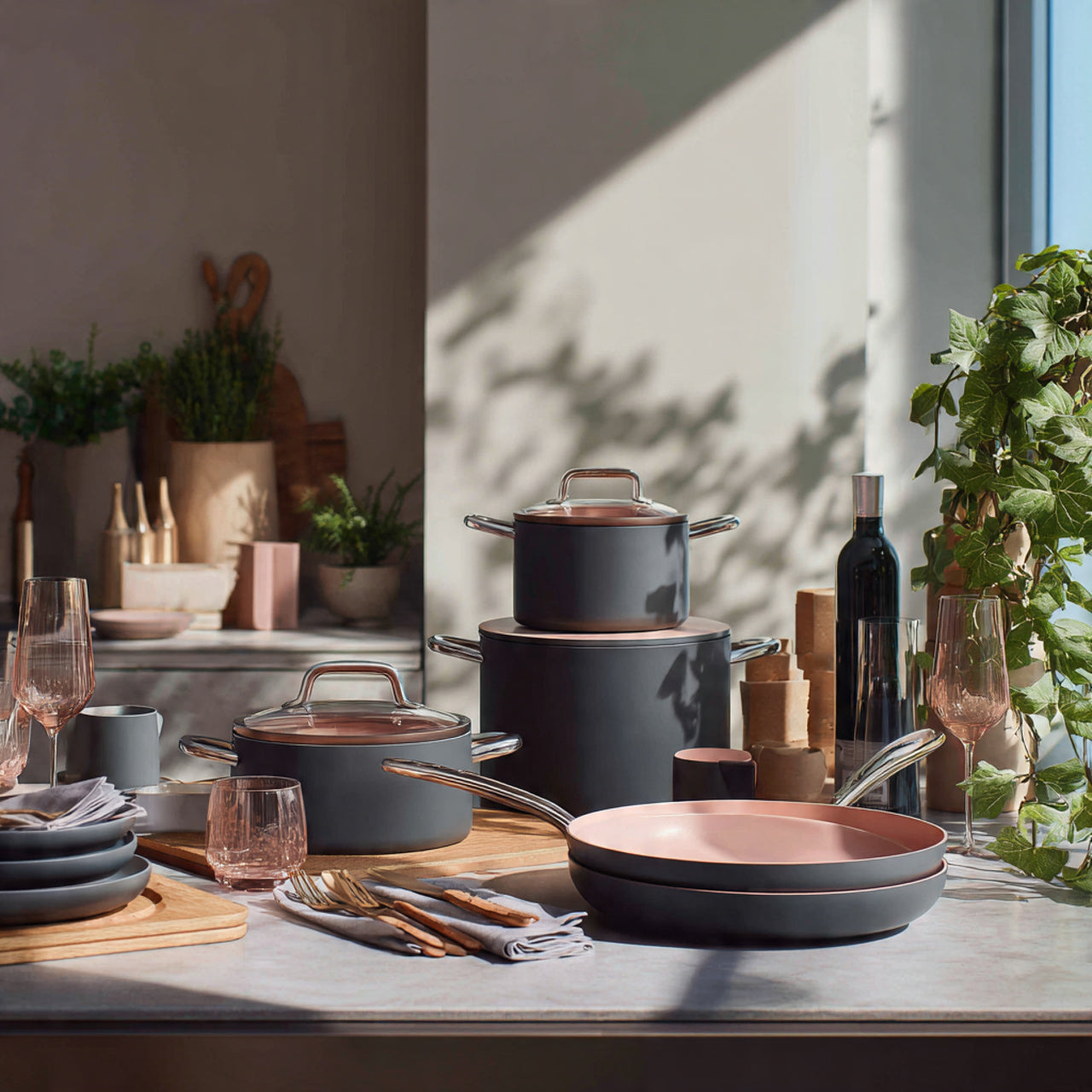 Modern kitchen setup with premium cookware and dining accessories, soft daylight, clean luxury aesthetic, high-end editorial photography