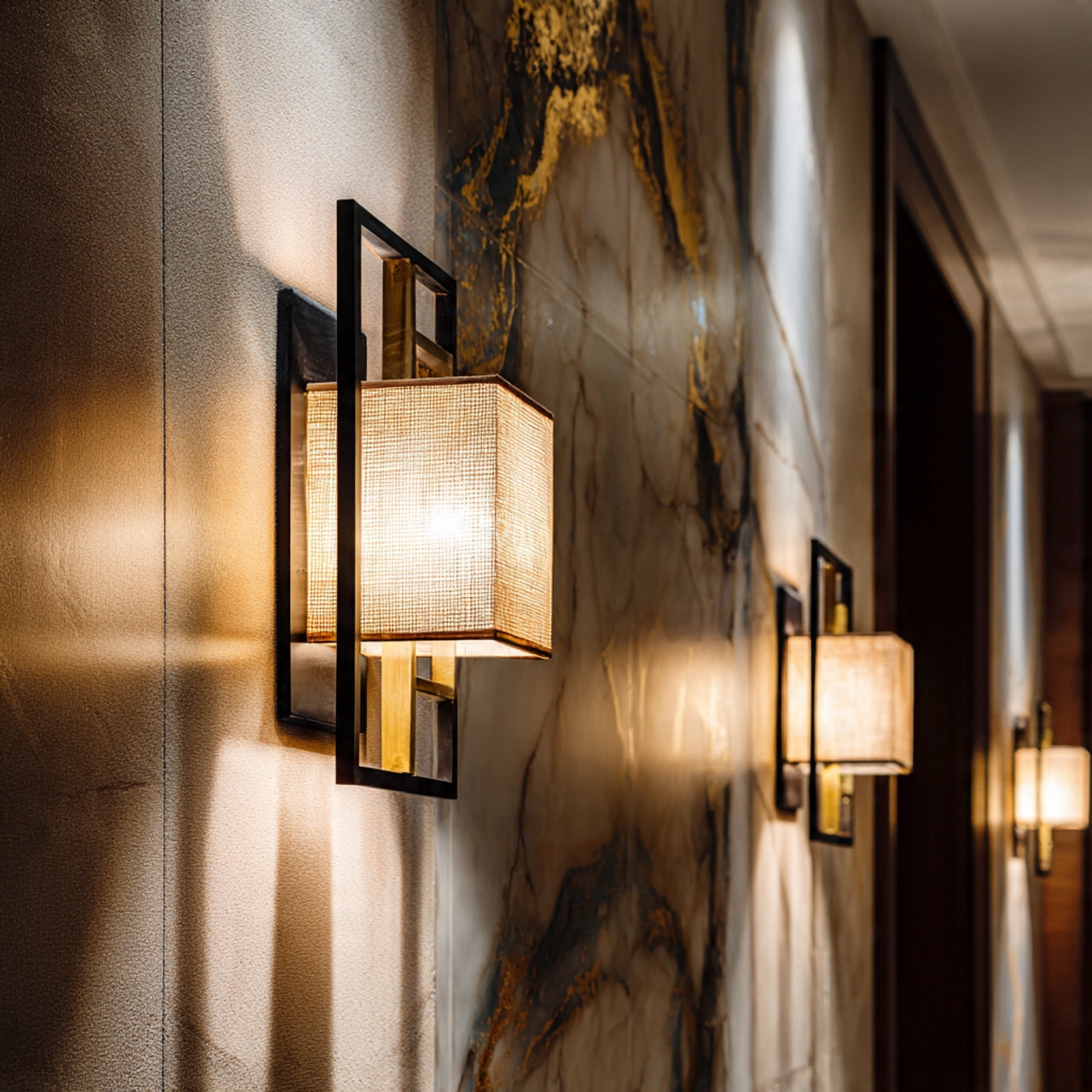 Modern luxury lighting fixtures in a premium interior, soft warm glow, artistic shadows, high-end architectural photography