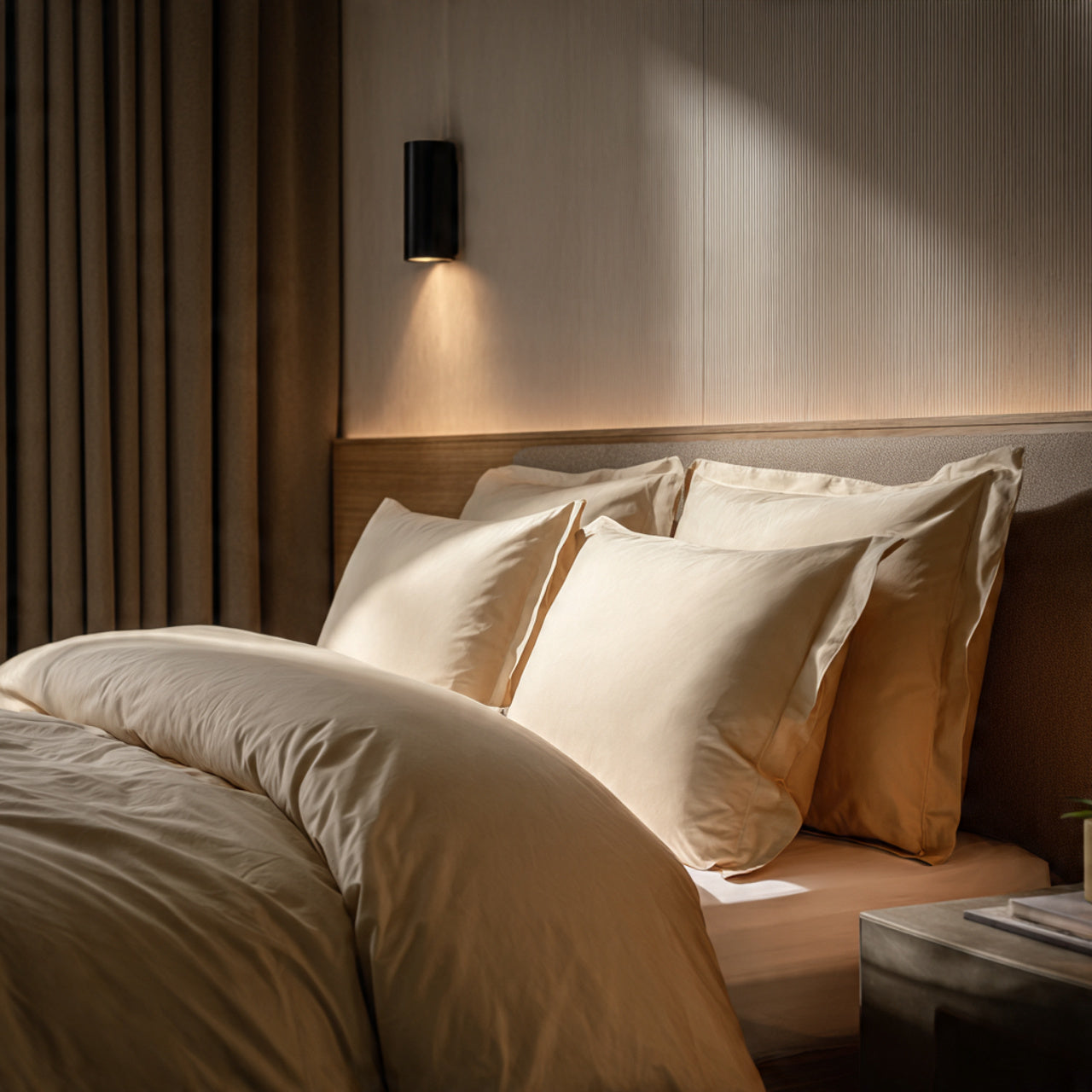 Premium bedding setup with soft fabrics, warm lighting, luxury hotel vibe, clean minimal interior styling,