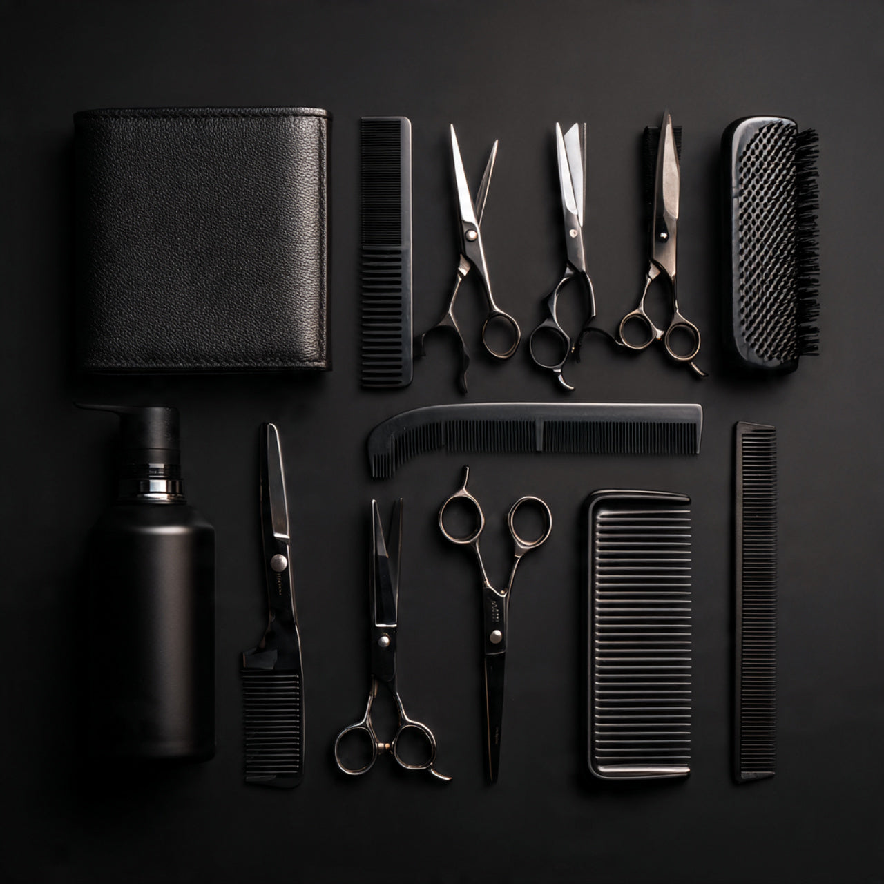 Premium grooming tools laid out neatly, matte black background, sharp lighting, masculine luxury aesthetic