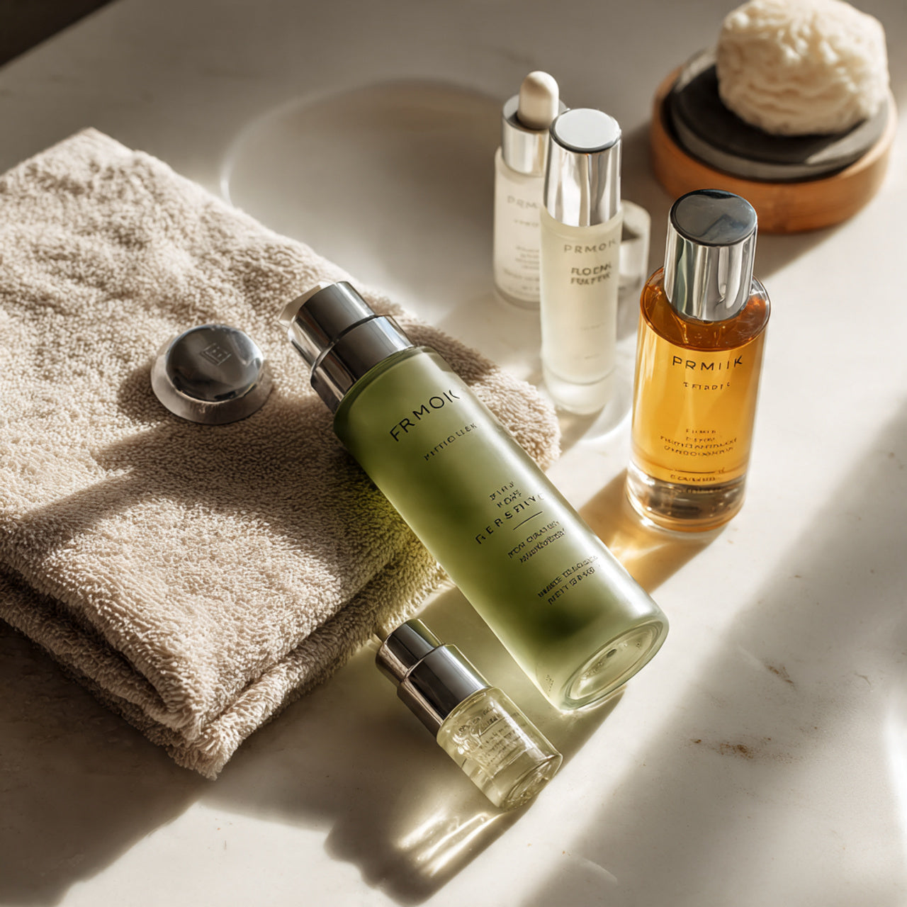 Premium skincare flat-lay with glass bottles, soft natural light, spa aesthetic, clean luxury look