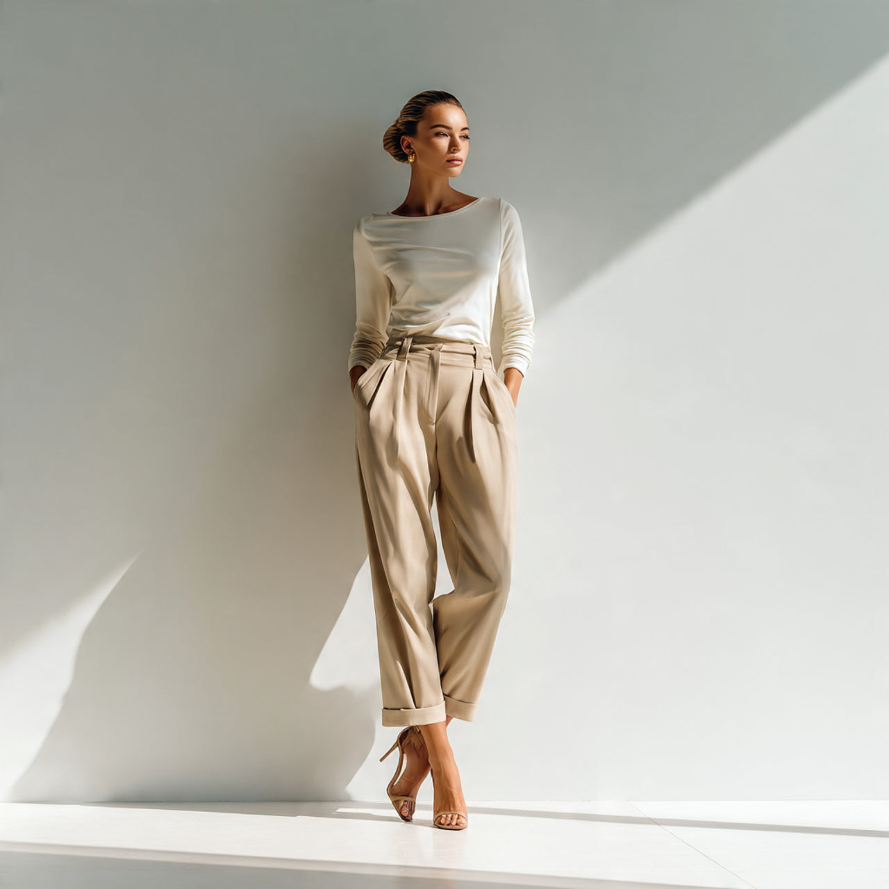 Stylish female model wearing tailored pants, clean neutral background, elegant posture, premium minimal photography, warm diffused light, luxury editorial aesthetic