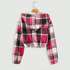 Women's Elegant Plaid Hooded Jacket, Full-Zip Lightweight Coat For Winter Casual Wear