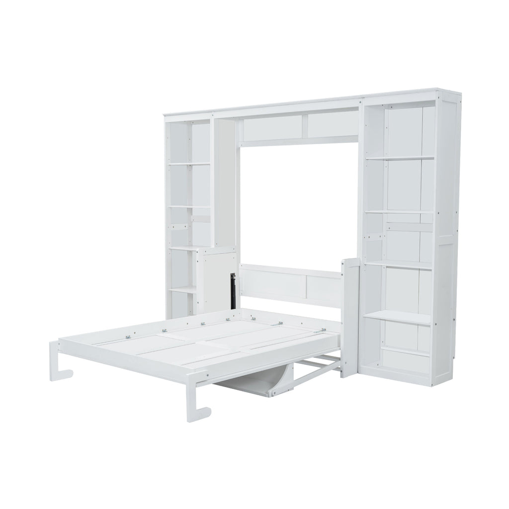 White Full Size Murphy Bed with Desk and Bookshelf, Pine Wood+MDF, 110.3''L x 79.8''W x 82''H