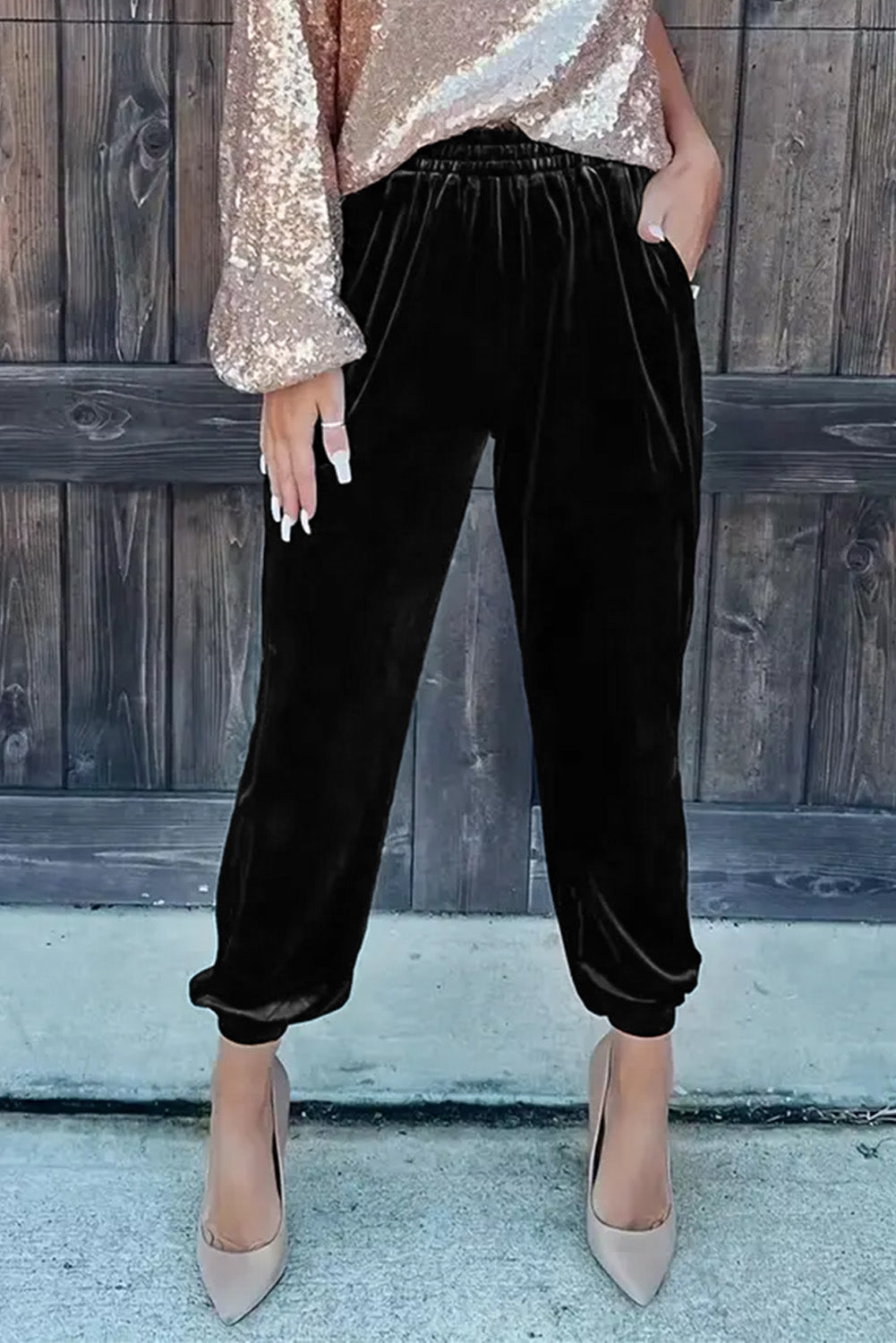 Black Solid Velvet Jogger Pants- Women
