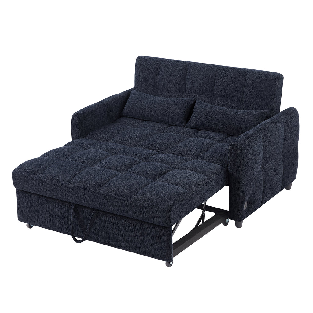 Modern Loveseat Sofa Pull-out Bed with Adjustable Backrest, USB Ports, Lumbar Pillows, Blue Chenille, 52.8'