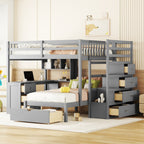 Full Over Twin Bunk Bed with Desk, Drawers and Shelves, Gray Default
