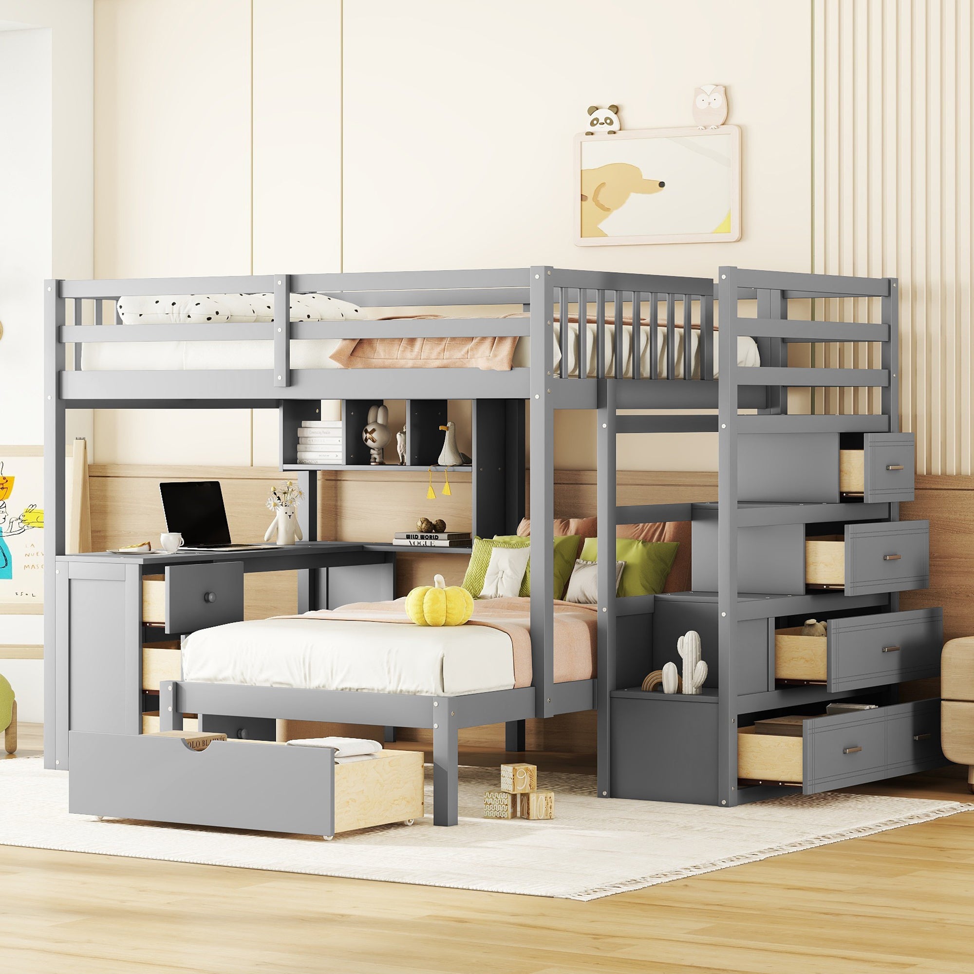 Full Over Twin Bunk Bed with Desk, Drawers and Shelves, Gray Default