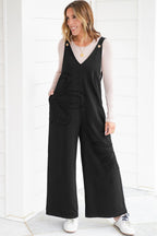 Black Solid Color Raw Seam Big Flower Patched Loose Overall Jumpsuit- Women