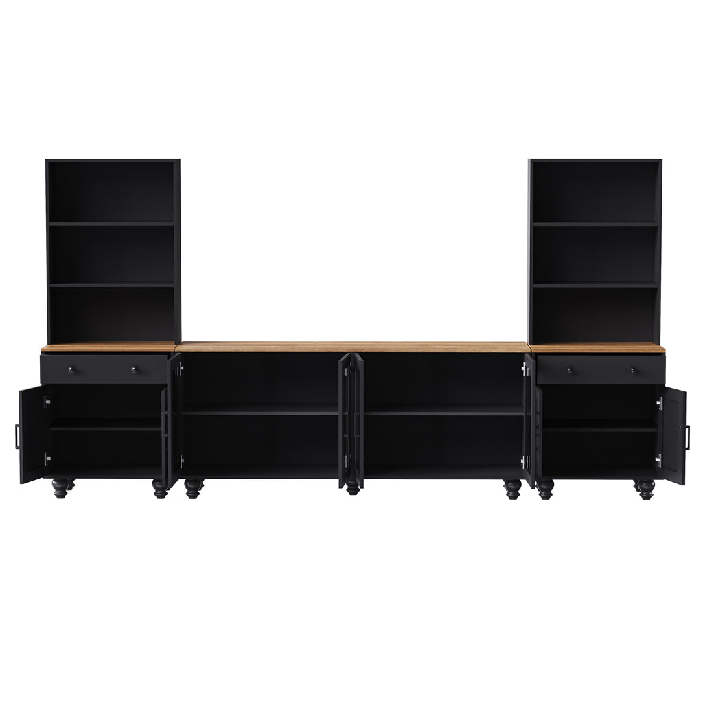 Farmhouse TV Stand with Solid Wood Gourd-Shaped Legs for TVs Up to 70', Entertainment Center with Bookshelves & Tempered Glass Doors, Media Console with Adjustable Shelves, Living Room, Black