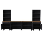 Farmhouse TV Stand with Solid Wood Gourd-Shaped Legs for TVs Up to 70', Entertainment Center with Bookshelves & Tempered Glass Doors, Media Console with Adjustable Shelves, Living Room, Black