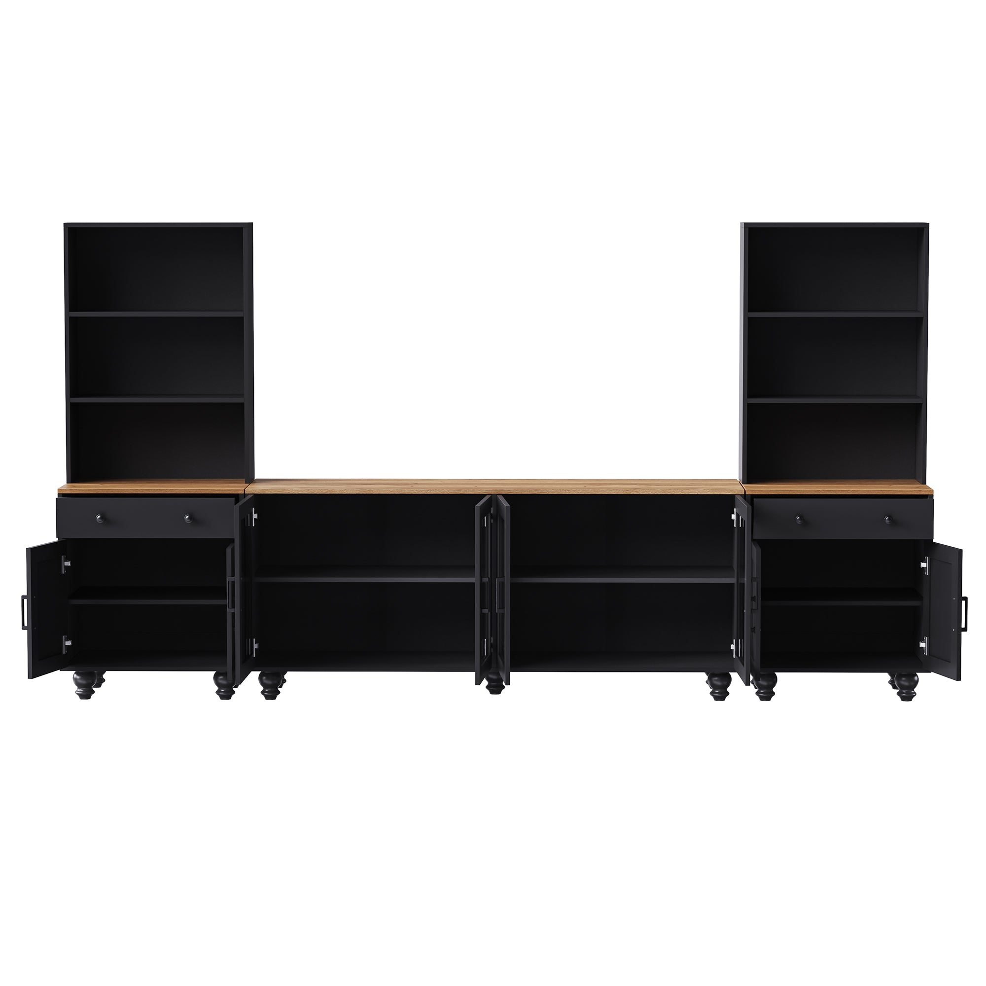 Farmhouse TV Stand with Solid Wood Gourd-Shaped Legs for TVs Up to 70', Entertainment Center with Bookshelves & Tempered Glass Doors, Media Console with Adjustable Shelves, Living Room, Black