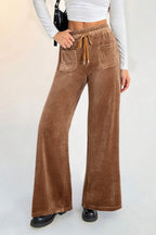 Coffee Straight Loose Drawstring Elastic High Waist Fleece Pants- Women