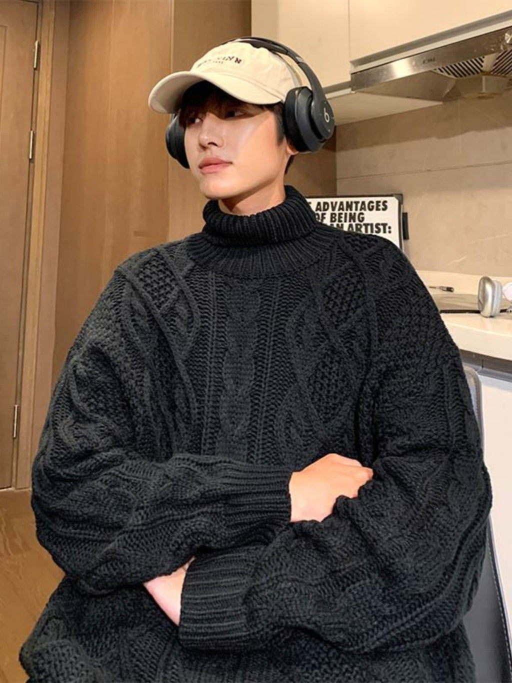 Japanese-style Retro Green Jacquard Turtleneck Men Sweater