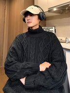 Japanese-style Retro Green Jacquard Turtleneck Men Sweater