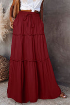 Fiery Red Black Frill Tiered Drawstring Waist Maxi Skirt- Women
