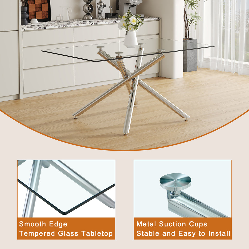 Large Modern Minimalist Rectangular Glass Dining Table with 0.39' Tempered Glass Tabletop and Silver Chrome Metal Legs, for Kitchen Dining Living Meeting Room Banquet hall,63''x35''x 29''W1151S00191