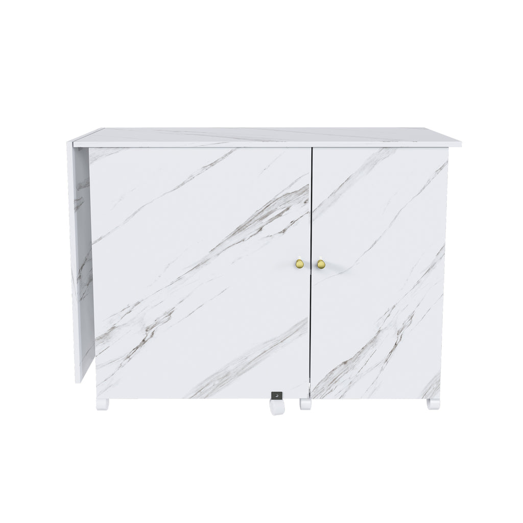 57.5' Foldable Sewing Machine Table with Locking Casters, Multi-Storage Craft Station with Shelves, Bins & Cabinet, Adjustable Sewing Cabinet for Home, Bedroom, and Craft Room(White)