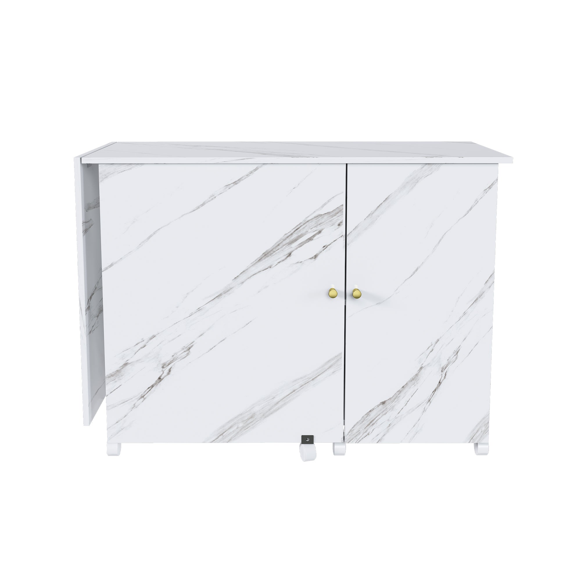 57.5' Foldable Sewing Machine Table with Locking Casters, Multi-Storage Craft Station with Shelves, Bins & Cabinet, Adjustable Sewing Cabinet for Home, Bedroom, and Craft Room(White)