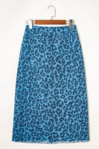 Sky Blue Leopard Denim Frayed Split Denim Midi Skirt- Women